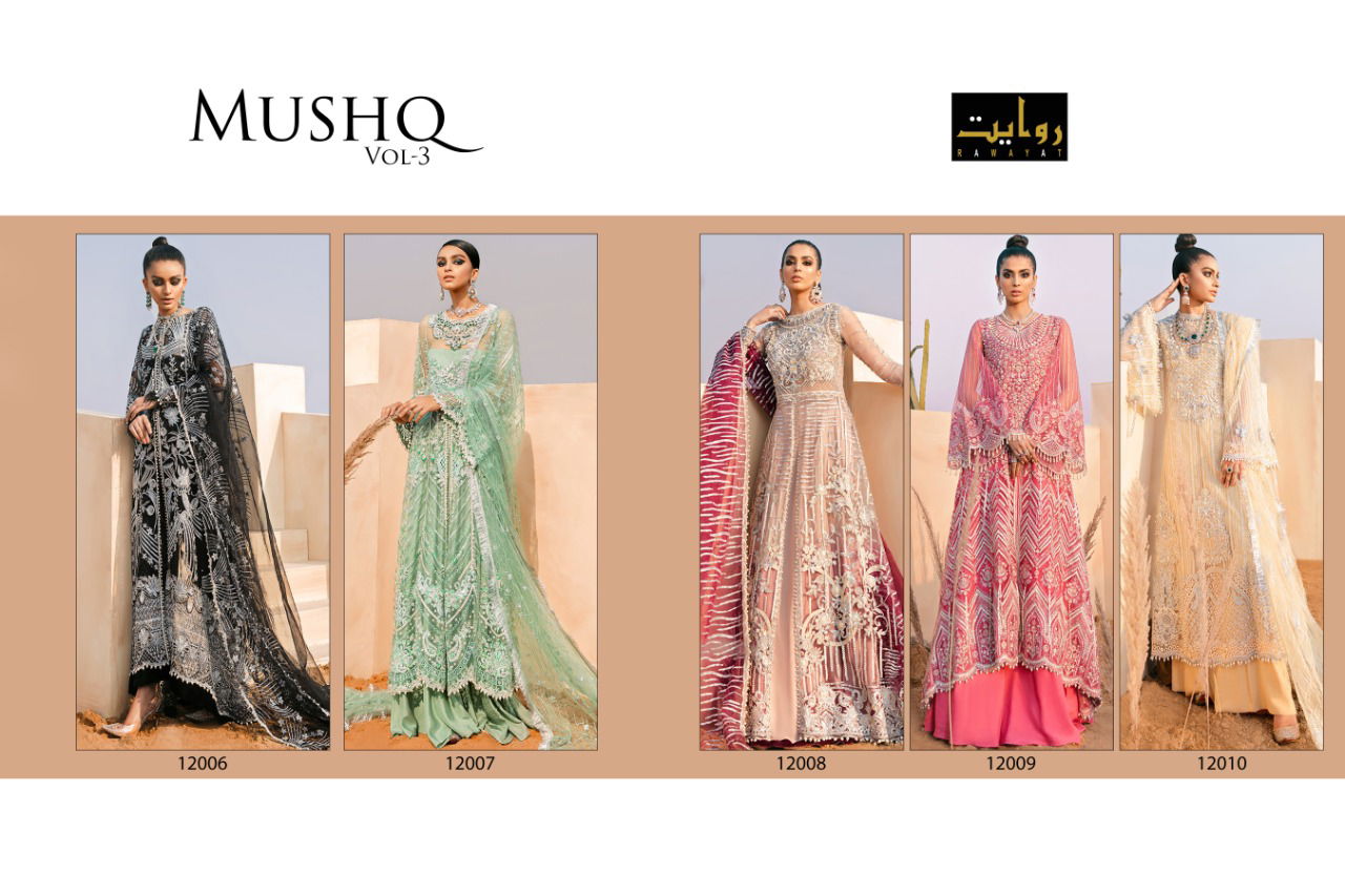 Rawayat Mushq 3 latest Fancy Wedding Wear Butterfly Net With Heavy Embroidery Work Pakistani Salwar Suits Collection
